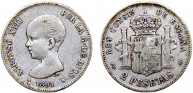 Spain Kingdom Alfonso XIII 2 Pesetas 1891 *18-?? PGM Madrid mint 1st portrait Silver 9.93g KM# 692