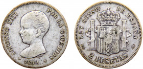 Spain Kingdom Alfonso XIII 2 Pesetas 1892 *??-92 PGM Madrid mint 1st portrait Silver 9.81g KM# 692