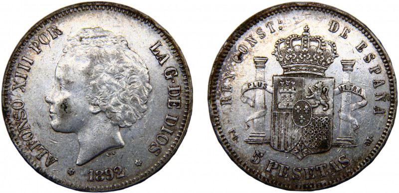 Spain Kingdom Alfonso XIII 5 Pesetas 1892 *18-92 PGM Madrid mint 2nd portrait Si...