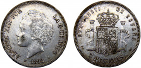 Spain Kingdom Alfonso XIII 5 Pesetas 1892 *18-92 PGM Madrid mint 2nd portrait Silver 25g KM# 700
