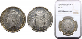 Spain Kingdom Alfonso XIII 5 Pesetas 1893 *18-93 PGL Madrid mint NGC MS61, 2nd portrait Silver KM# 700