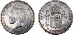 Spain Kingdom Alfonso XIII 5 Pesetas 1893 *18-93 PGV Madrid mint 2nd portrait, The Second Weak Star Silver 25g KM# 700