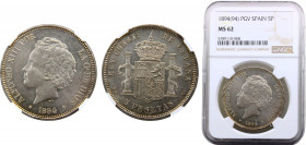 Spain Kingdom Alfonso XIII 5 Pesetas 1894 *18-94 PGV Madrid mint NGC MS62, 2nd portrait Silver KM# 700