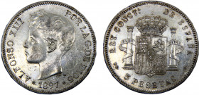 Spain Kingdom Alfonso XIII 5 Pesetas 1897 *18-97 SGV Madrid mint 3rd portrait Silver 25g KM# 707