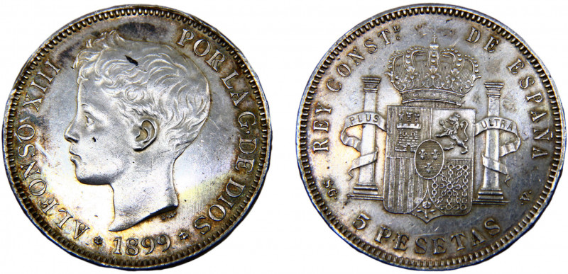 Spain Kingdom Alfonso XIII 5 Pesetas 1899 *18-99 SGV Madrid mint 3rd portrait, C...