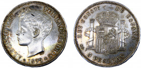 Spain Kingdom Alfonso XIII 5 Pesetas 1899 *18-99 SGV Madrid mint 3rd portrait, Cleaned Silver 25g KM# 707