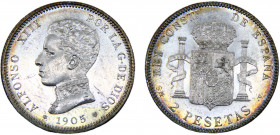 Spain Kingdom Alfonso XIII 2 Pesetas 1905 *19-05 SMV Madrid mint 4th portrait Silver 10.1g KM# 725