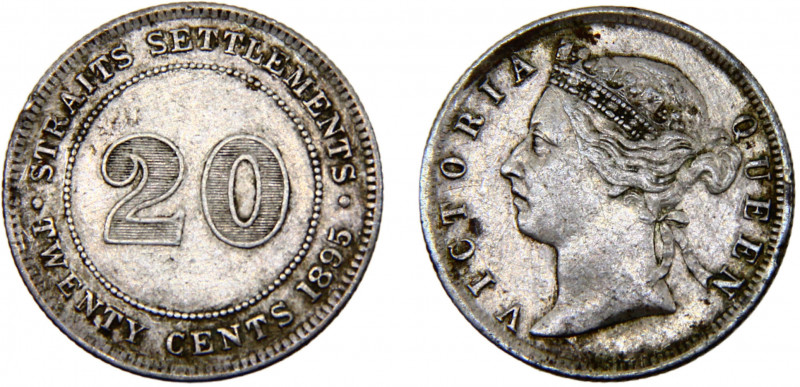 Straits Settlements British colony Victoria 20 Cents 1895 Royal mint Silver 5.41...
