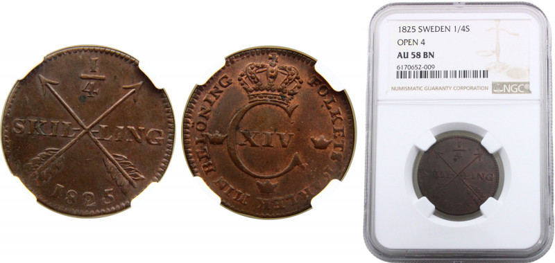 Sweden Charles XIV John 1/4 Skilling 1825 NGC AU58 Variety Open"4" Copper 4.3g K...