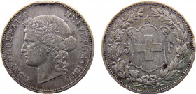 Switzerland Federal State 5 Francs 1888 B Bern mint Head of Helvetia, damaged Rim Silver 24.84g KM# 34