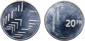 Switzerland Federal State 20 Francs 1991 B Bern mint 700th anniversary of the Swiss Confederation Silver 20.11g KM# 70