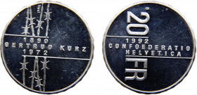 Switzerland Federal State 20 Francs 1992 B Bern mint(Mintage 36000) 100th anniversary of the birth of Gertrud Kurz Silver 20.06g KM# 72
