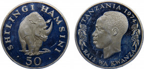 Tanzania Republic 50 Shilingi 1974 Royal mint(Mintage 12000) Black Rhinoceros Silver 34.59g KM# 8a