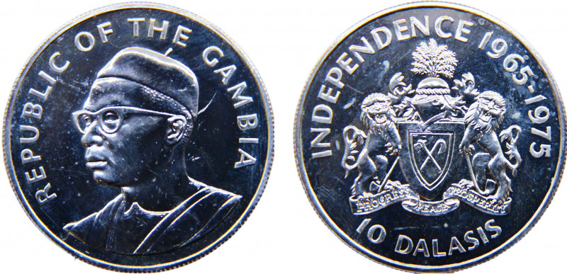 The Gambia Republic 10 Dalasis 1975 Royal mint(Mintage 20000) 10th Anniversary o...