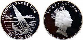 Tokelau New Zealand Territory Elizabeth II 5 Tala 1994 (Mintage 50000) 1996 Olympic Games, Sailboarding Silver 31.66g KM# 22
