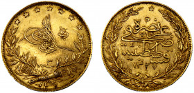 Turkey Ottoman Empire Mehmed V 100 Kurus AH1327//3 (1909) Constantinople mint "Reshat" right of Toughra Gold 7.24g KM# 754
