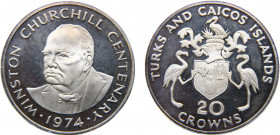 Turks and Caicos Islands British colony Elizabeth II 20 Crowns 1974 (Mintage 8400) 100th Anniversary of the Birth of Winston Churchill Silver 39.1g KM...
