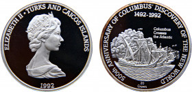 Turks and Caicos Islands British colony Elizabeth II 20 Crowns 1992 500th Anniversary, Columbus crosses the Atlantic Silver 28.11g KM# 118.3