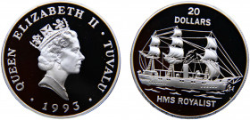 Tuvalu Constitutional monarchy within the Commonwealth Elizabeth II 20 Dollars 1993 (Mintage 15000) HMS Royalist Silver 31.13g KM# 18