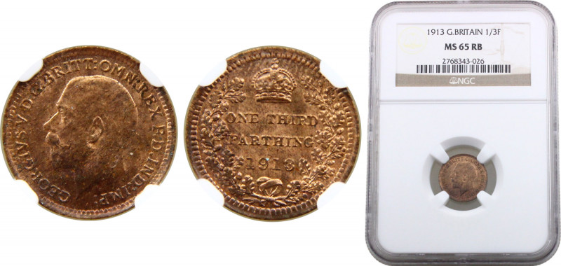 UnitedKingdom Colonial issue George V 1/3 Farthing 1913 (Mintage 288000) NGC MS6...