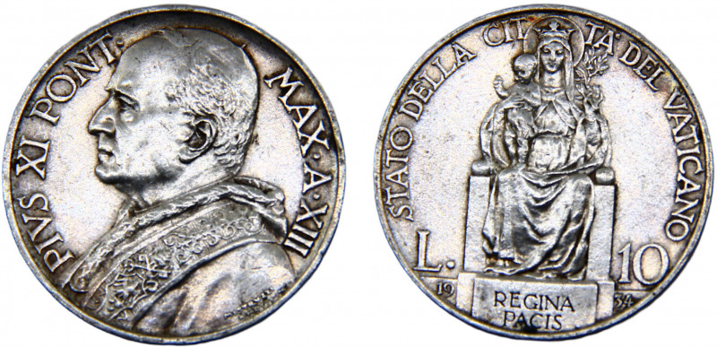 Vatican City City state Pivs XI 10 Lire 1934//XIII (Mintage 60000) Silver 10g KM...