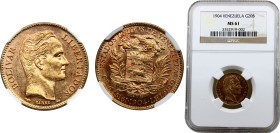 Venezuela United States 20 Bolívares 1904 Paris Mint NGC MS61 Gold 6.45g Y# 32