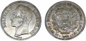 Venezuela United States 5 Bolivares 1929 Philadelphia mint Silver 25g Y#24.2