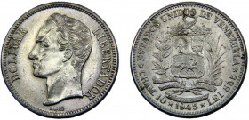 Venezuela United States 10 Bolivares 1945(Struck in 1947) Philadelphia mint Scratches Silver 10g Y# 23a