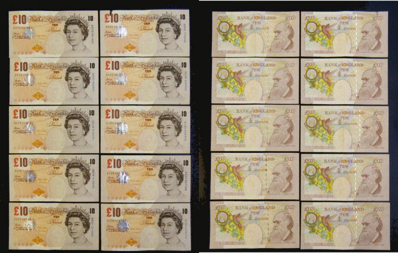 Ten Pounds Lowther QE2 pictorial & Charles Darwin Orange-brown issues 2000 (10) ...