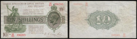 Ten Shillings&nbsp;Fisher&nbsp;T30&nbsp;Second Issue Red Serial Number, No. omitted, issued 1922 serial number M/89 336205 VF light stain right side
...
