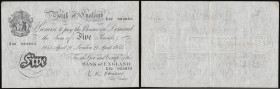 Five Pounds O'Brien white B275, issued April 21 1955, Z52 023853 GVF with a very small tear on the lower left corner
Estimate: GBP 90 - 120