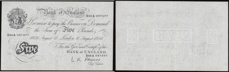 Five Pounds O'Brien B276 dated 11th August 1956, series D65A 097377, about UNC
...