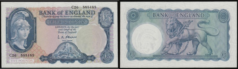 Five pounds O'Brien B277 Helmeted Britannia at right, Lion & Key reverse issued ...