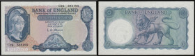 Five pounds O'Brien B277 Helmeted Britannia at right, Lion & Key reverse issued 1957 Unc, C26 prefix
Estimate: GBP 30 - 50