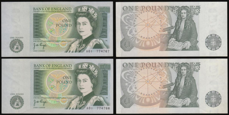 One Pound Page B337 (2) issued 1978, a consecutive numbered pair, 1st run series...