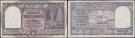 Burma 10 Rupees Burma Currency Board Pick 32 ND (1947) Red overprint on Reserve Bank of India 10 Rupees note Pick 24 series J46 793756, overprint spel...