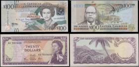 East Caribbean States (2) comprising 20 Dollars Pick 15d serial number A3 803438 QE2 Annigoni's portrait, VF. Along with 100 Dollars Pick 55b ND 2012 ...
