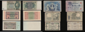 Germany (5) 100 Marks 1905 issue, 29mm serial number, Pick 24b Fine, 10 Marks 1906 issue with 7 digit serial number, Pick 9b, Fine with two pinholes, ...