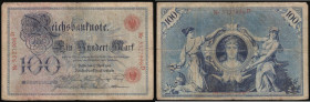 Germany 100 Marks 17th April 1903 issue, Reverse: a woman's portrait on a medallic panel, is supported by two women, Pick 22, serial number Nr 5327998...