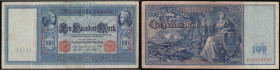 Germany 100 Marks 1908 issue, 7/2/1908, watermark Wilhelm I and number 100, Pick 35, serial number D.0439620 Fine with a small nick on the top edge
E...