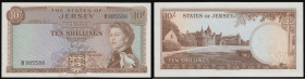Jersey Ten Shillings undated 1963 issue, Reverse: St. Ouen's Manor, Pick 7a, serial number B 985588, minor marks in obverse lower border, otherwise UN...