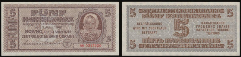 Ukraine 5 Karbowanez 5th March 1942 issue, Pick 51, serial number 66.0343920 UNC...