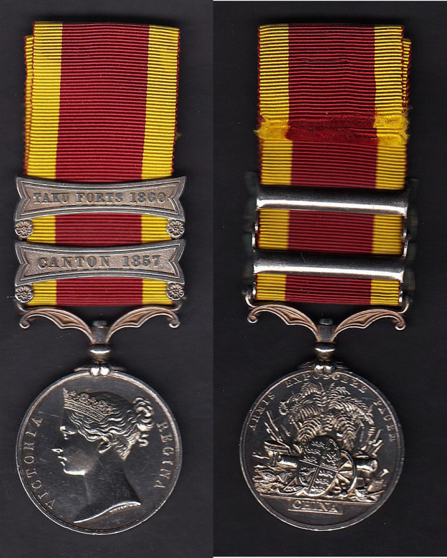 Second China War Medal, with 2 clasps, Canton 1857 and Taku Forts 1860, awarded ...