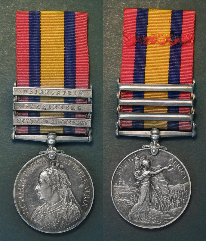 Queen's South Africa Medal, 3rd type reverse, with 3 clasps, Relief of Kimberley...