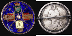 Enamelled - Double Florin 1887 Arabic 1 the reverse enamelled in 5 colours, set in a brooch mount, fair workmanship
Estimate: GBP 50 - 60