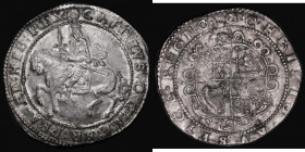 Halfcrown Charles I Exeter Mint, undated issue, Obverse: King's sash tied in a bow, Reverse: Round shield with five short and two long scrolls, mintma...