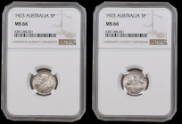 Australia Threepence 1923 KM#24 Choice and graded MS66 by NGC rare thus. With a mintage figure of just 815,000 this is the second lowest mintage by da...