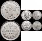 Canada 5 Cents 1899 KM#2 EF. Philippines 50 Centimos 1885 KM#150 EF. Araucania-Patagonia 100 Pesos 1988 a Fantasy issue in Copper-Nickel Zinc, 21.46 g...