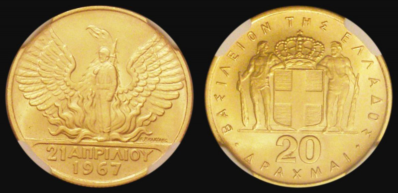 Greece 20 Drachma Gold 1967 Revolution (minted 1970) KM#92 Choice UNC in an NGC ...