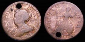Farthing 1714 Queen Anne, on a small 22mm diameter flan Peck 741, VG holed with a long flan flaw on the reverse
Estimate: GBP 25 - 75